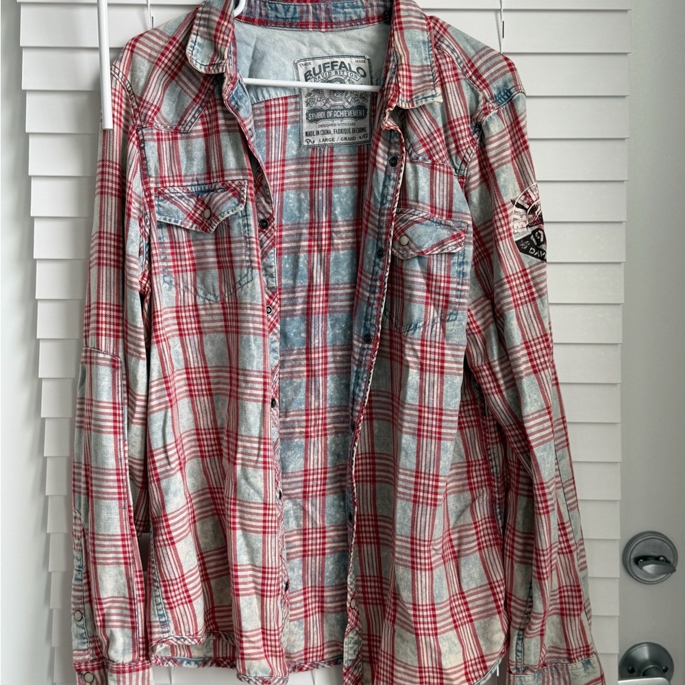 Men’s Buffalo David Bitton Red and Blue Plaid Casual Button-Down Shirt